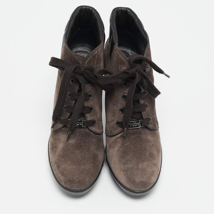 Pre Owned Tod's Brown Suede and Leather Lace Up Ankle Boots Size 36