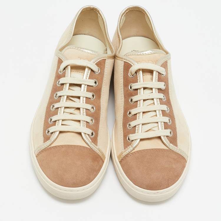 Pre Owned Tod's Gold/Beige Suede Lace Up Sneakers Size 39