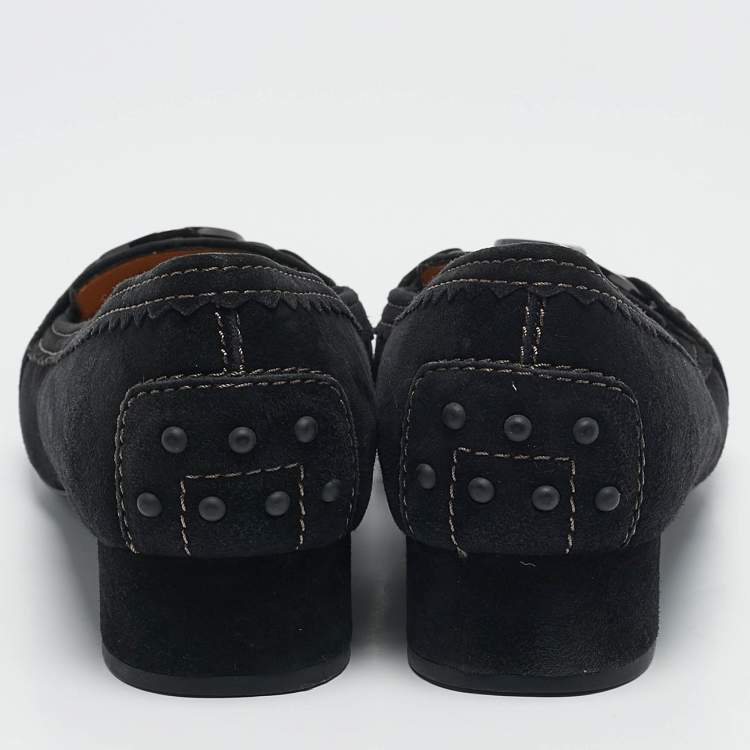 Pre Owned Tod's Black Suede Double Metal Heel Loafers Size 38