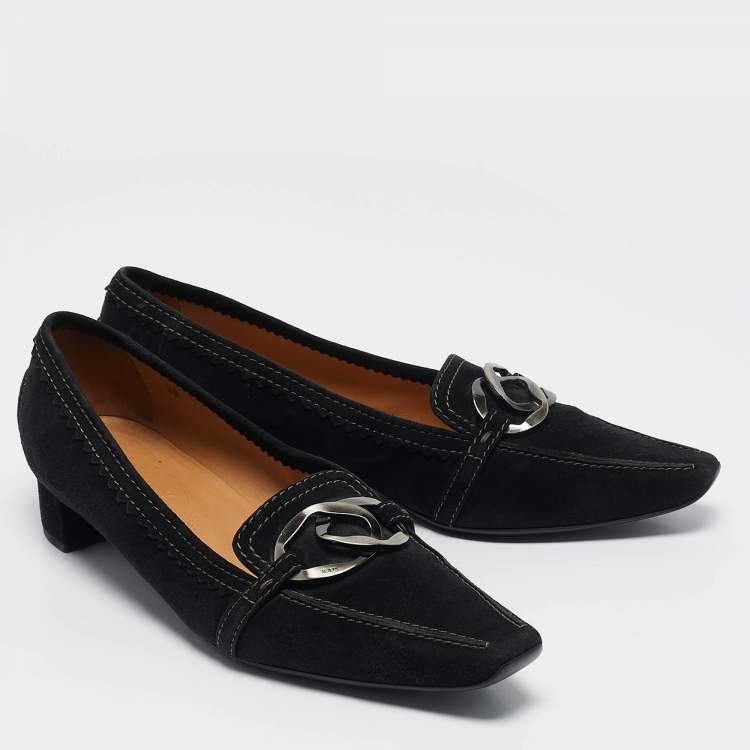 Pre Owned Tod's Black Suede Double Metal Heel Loafers Size 38