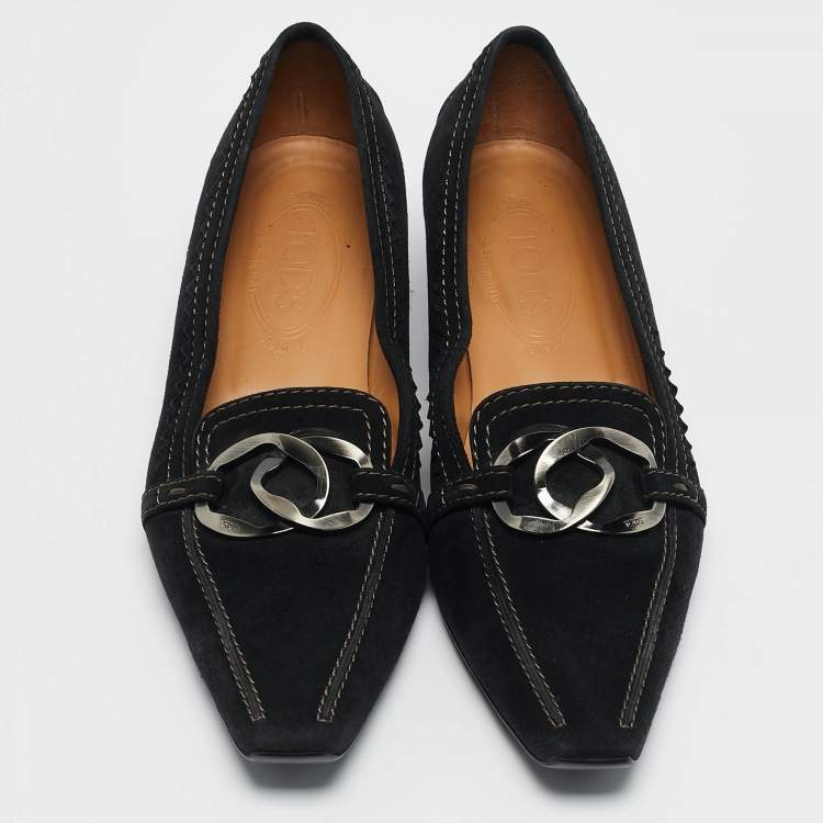Pre Owned Tod's Black Suede Double Metal Heel Loafers Size 38