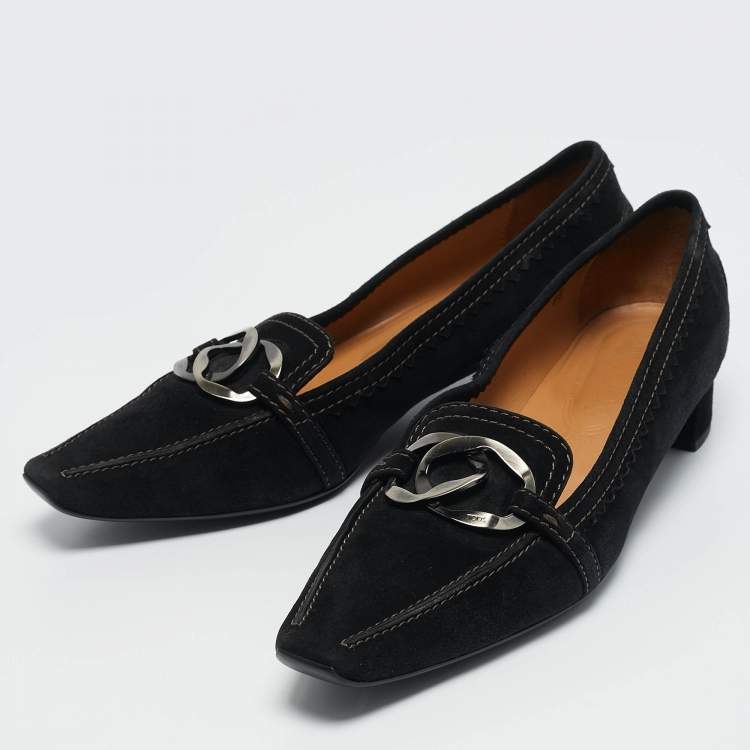 Pre Owned Tod's Black Suede Double Metal Heel Loafers Size 38