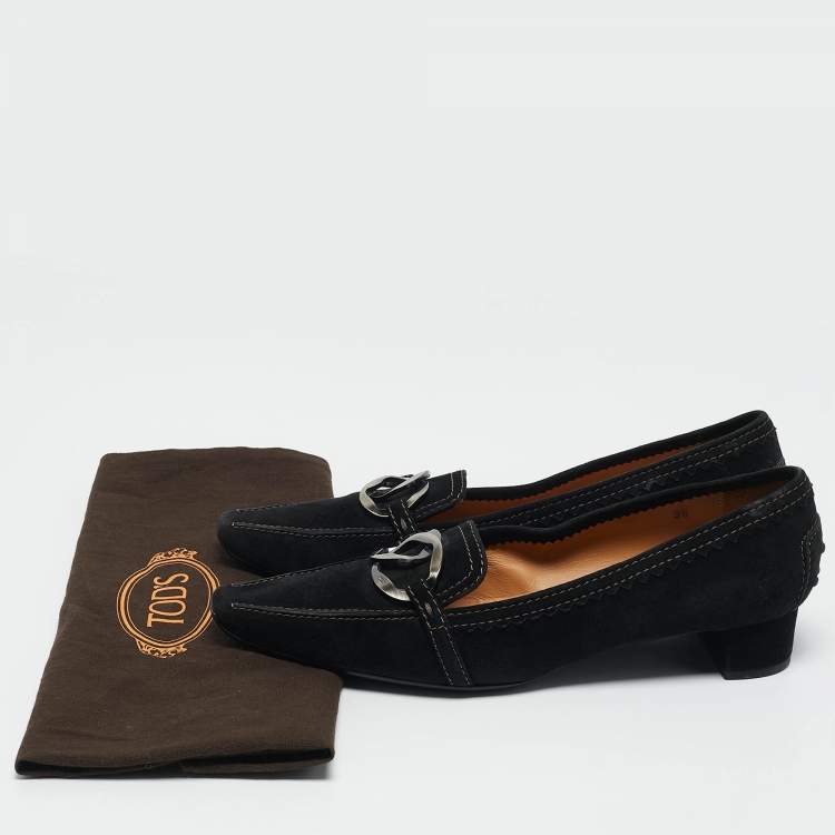Pre Owned Tod's Black Suede Double Metal Heel Loafers Size 38