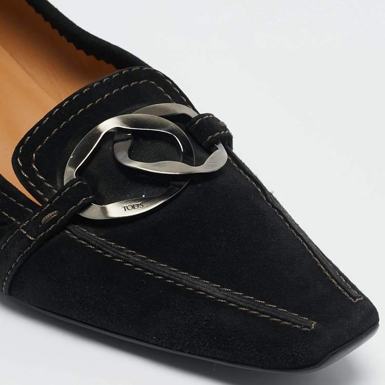 Pre Owned Tod's Black Suede Double Metal Heel Loafers Size 38