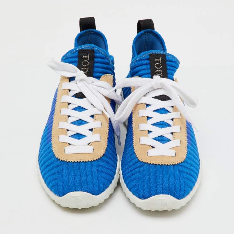 Pre Owned Tod's Blue/Beige Knit Fabric and Suede Sportiva Low Top Sneakers Size 37