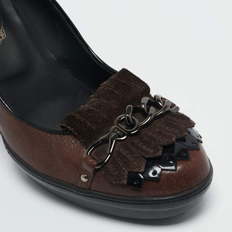 Pre Owned Tod's Brown Leather and Suede Fringe Platform Pumps Size 38.5