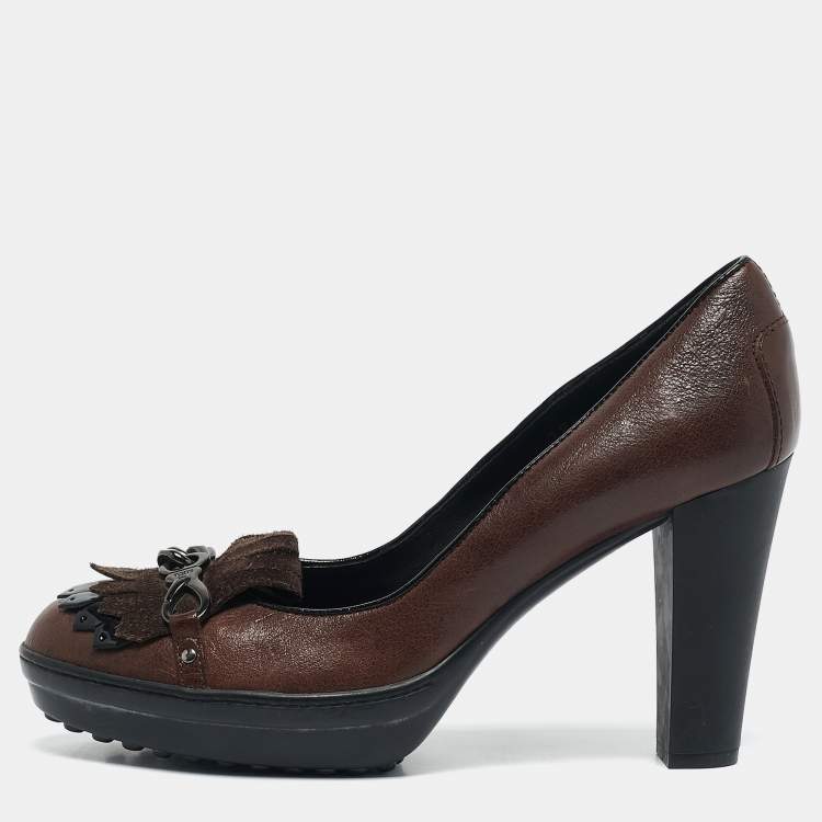 Pre Owned Tod's Brown Leather and Suede Fringe Platform Pumps Size 38.5