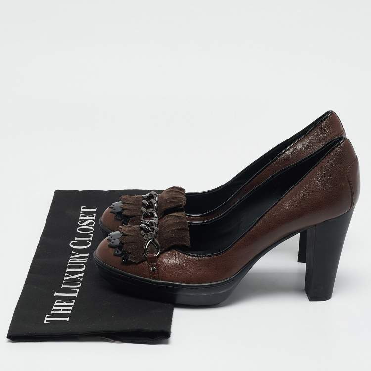 Pre Owned Tod's Brown Leather and Suede Fringe Platform Pumps Size 38.5