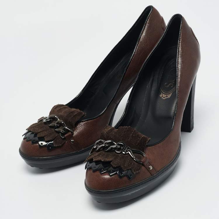 Pre Owned Tod's Brown Leather and Suede Fringe Platform Pumps Size 38.5