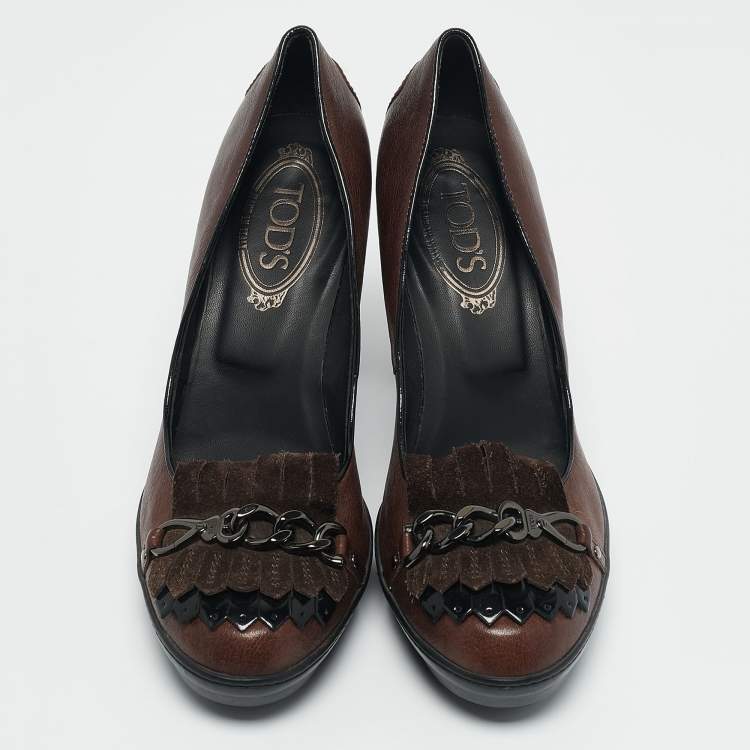 Pre Owned Tod's Brown Leather and Suede Fringe Platform Pumps Size 38.5