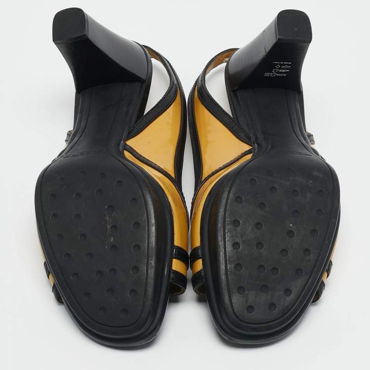 Pre Owned Tod's YellowBlack Patent and Leather Platform Slingback Sandals Size 38.5