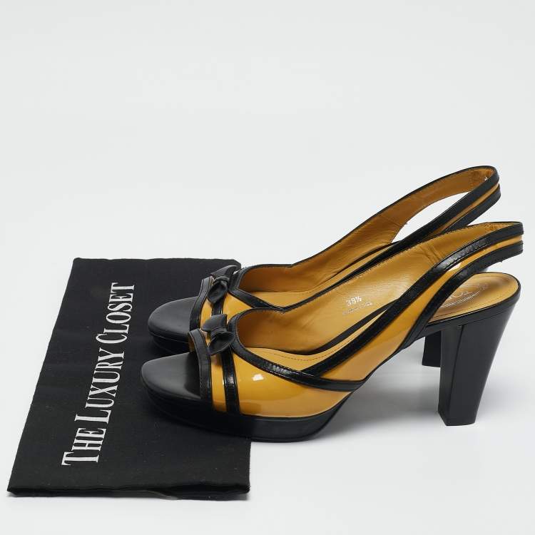 Pre Owned Tod's YellowBlack Patent and Leather Platform Slingback Sandals Size 38.5