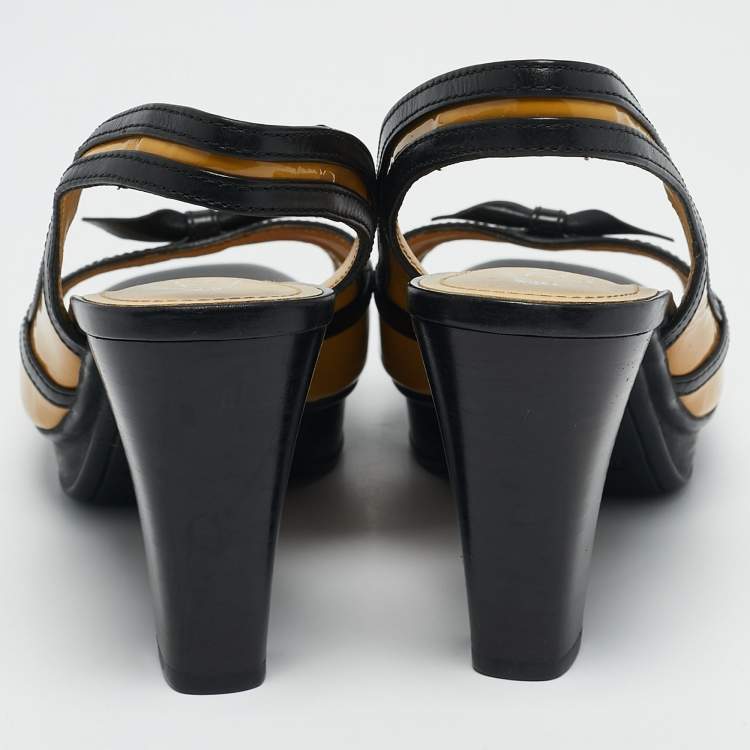 Pre Owned Tod's YellowBlack Patent and Leather Platform Slingback Sandals Size 38.5