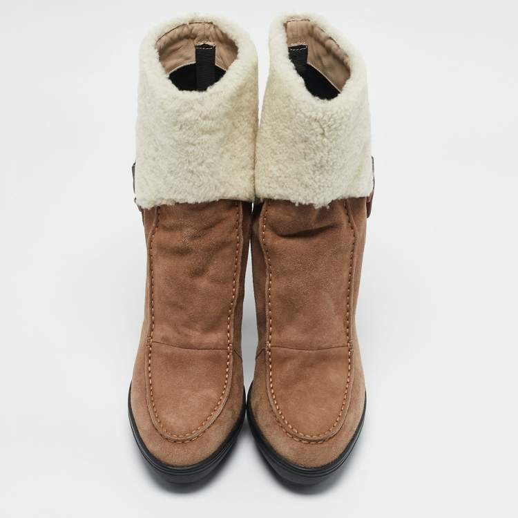 Pre Owned Tod's Brown/Cream Shearling and Suede Ankle Length Boots Size 39