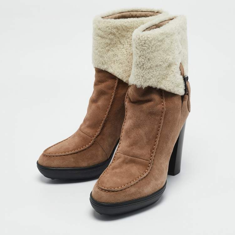 Pre Owned Tod's Brown/Cream Shearling and Suede Ankle Length Boots Size 39