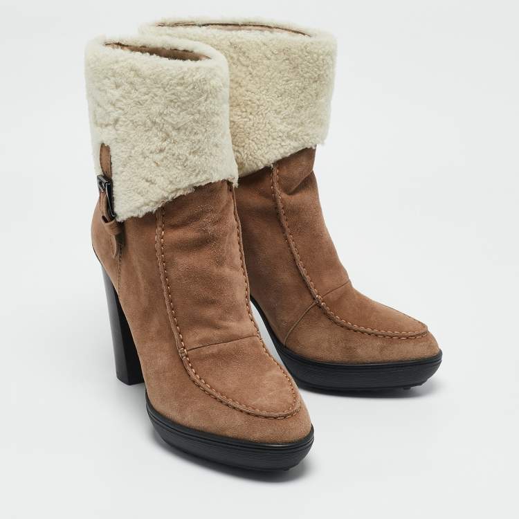 Pre Owned Tod's Brown/Cream Shearling and Suede Ankle Length Boots Size 39