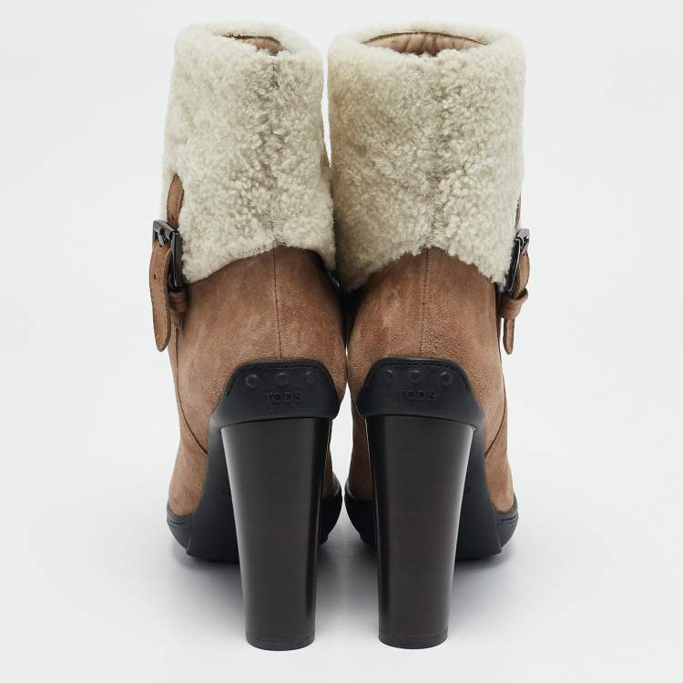 Pre Owned Tod's Brown/Cream Shearling and Suede Ankle Length Boots Size 39