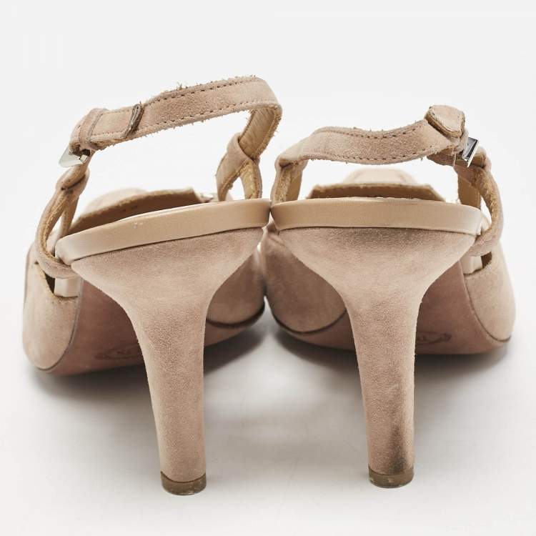 Pre Owned Tod's Beige Suede Crystal Embellished Pointed Toe Slingback Pumps Size 38