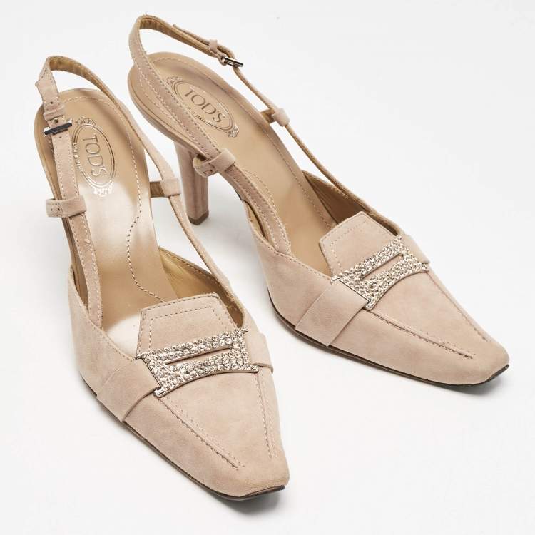Pre Owned Tod's Beige Suede Crystal Embellished Pointed Toe Slingback Pumps Size 38