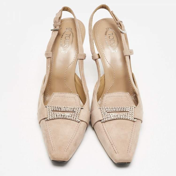Pre Owned Tod's Beige Suede Crystal Embellished Pointed Toe Slingback Pumps Size 38