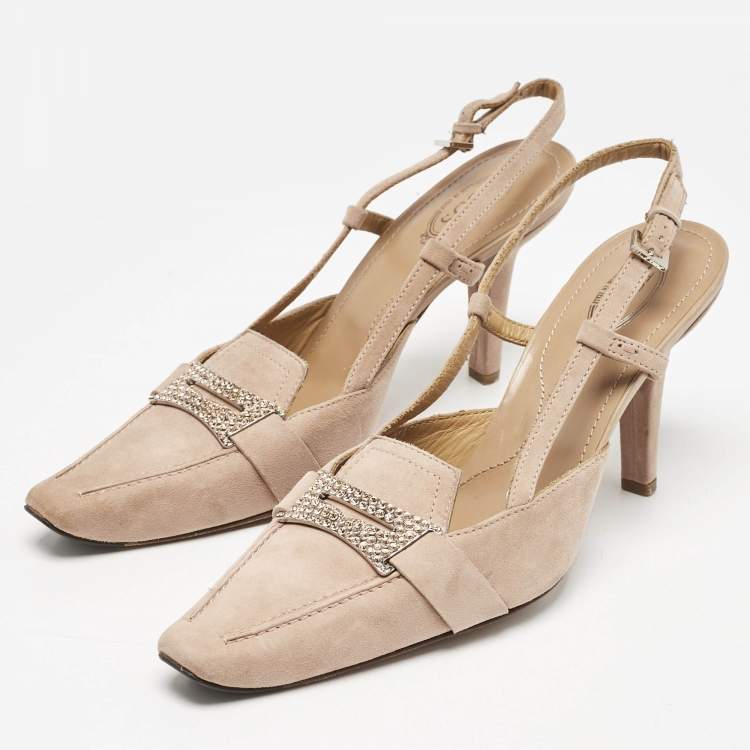 Pre Owned Tod's Beige Suede Crystal Embellished Pointed Toe Slingback Pumps Size 38