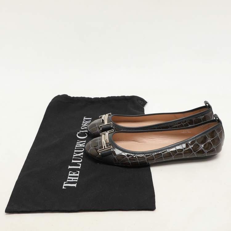 Pre Owned Tod's Green Croc Embossed Patent Leather Ballet Flats Size 36.5