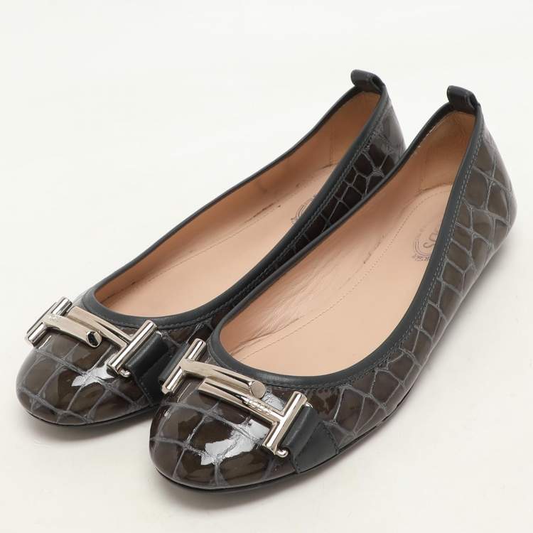 Pre Owned Tod's Green Croc Embossed Patent Leather Ballet Flats Size 36.5