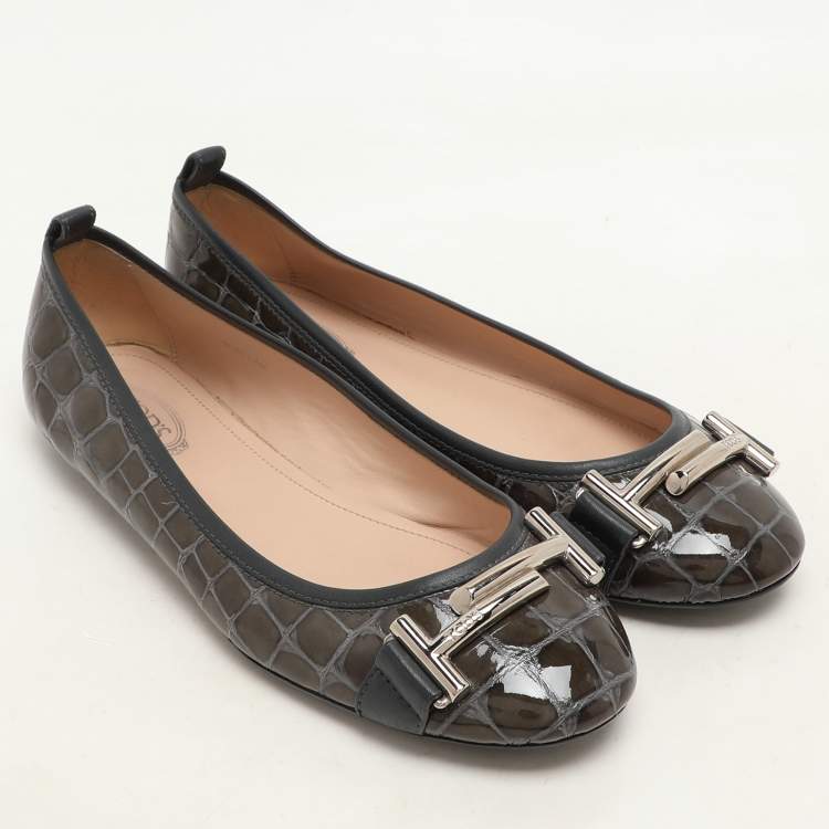 Pre Owned Tod's Green Croc Embossed Patent Leather Ballet Flats Size 36.5