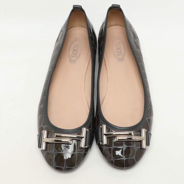 Pre Owned Tod's Green Croc Embossed Patent Leather Ballet Flats Size 36.5