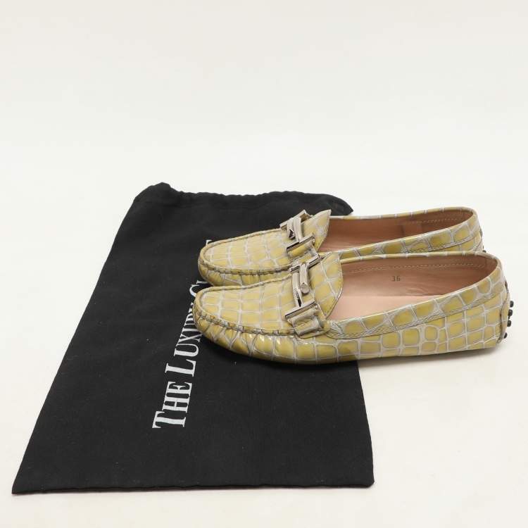 Pre Owned Tod's Yellow Croc Embossed Patent Leather Loafers Size 36