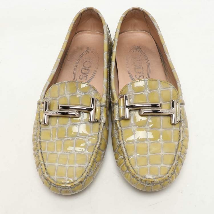Pre Owned Tod's Yellow Croc Embossed Patent Leather Loafers Size 36