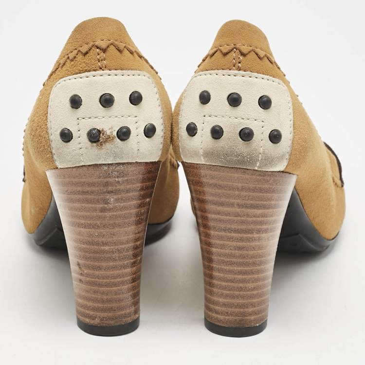 Pre Owned Tod's Brown/White Suede Penny Loafer Pumps Size 38