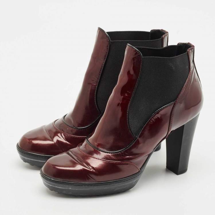 Pre Owned Tod's Burgundy Patent Leather Ankle Length Boots Size 36.5