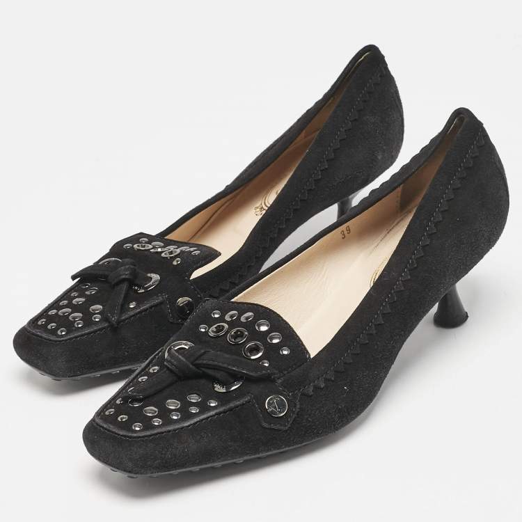 Pre Owned Tod's Black Suede Embellished Loafer Pumps Size 39
