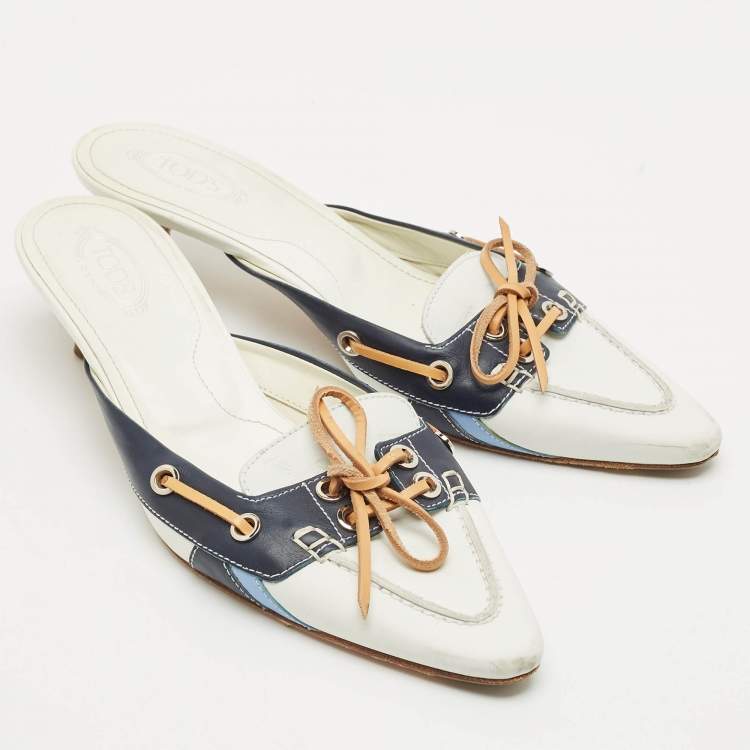 Pre Owned Tod's Blue/White Leather Mules Size 38