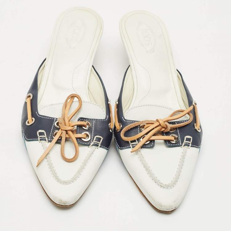 Pre Owned Tod's Blue/White Leather Mules Size 38