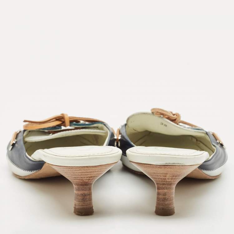 Pre Owned Tod's Blue/White Leather Mules Size 38