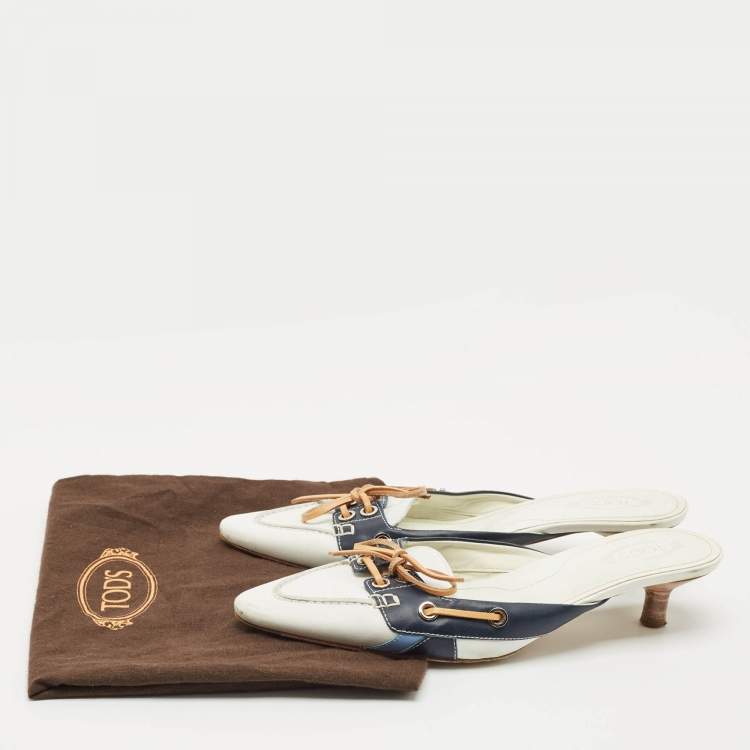 Pre Owned Tod's Blue/White Leather Mules Size 38
