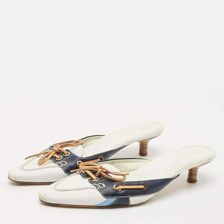 Pre Owned Tod's Blue/White Leather Mules Size 38