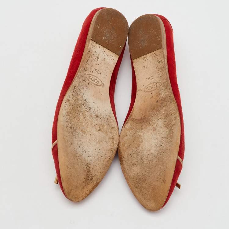 Pre Owned Tod's Red Suede Tassel Ballet Flats Size 39