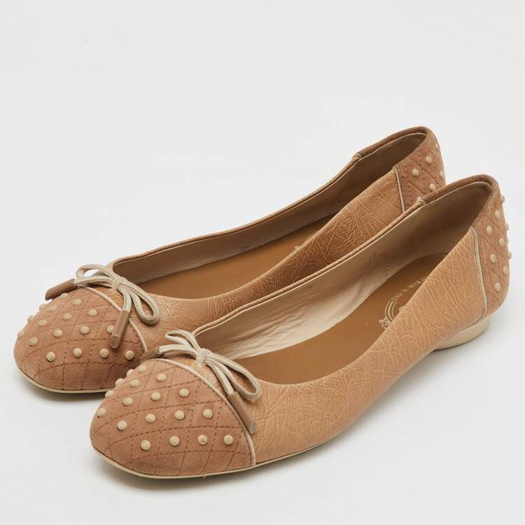 Pre Owned Tod's Beige Leather and Suede Gommini Ballet Flats Size 39