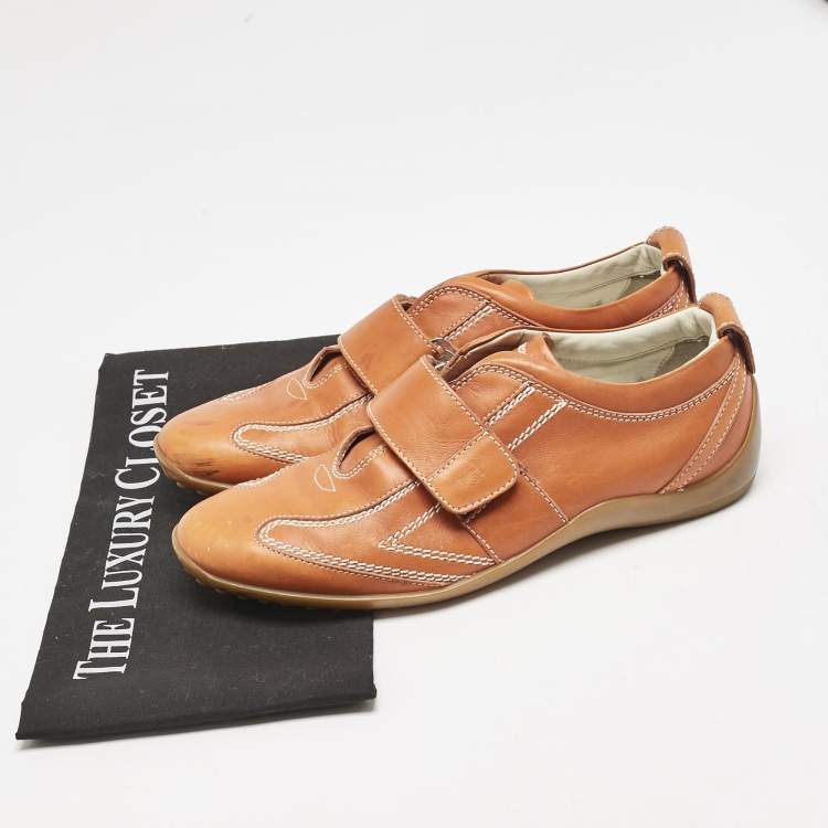 Pre Owned Tod's Orange  Leather Velcro Strap Sneakers Size 38