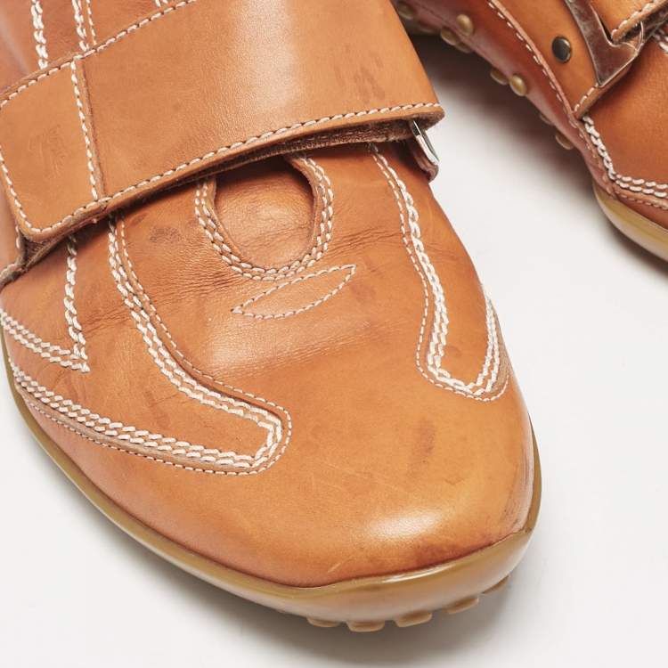 Pre Owned Tod's Orange  Leather Velcro Strap Sneakers Size 38