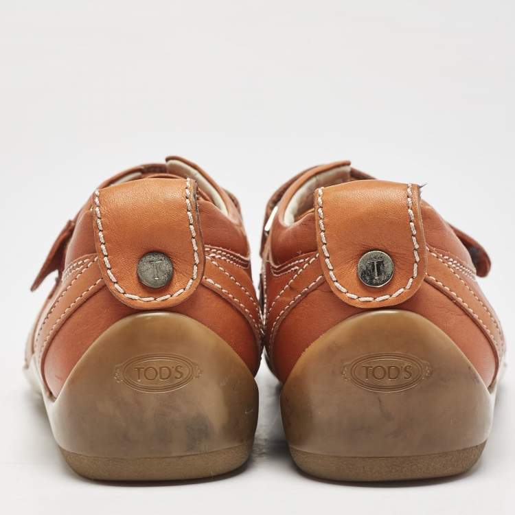 Pre Owned Tod's Orange  Leather Velcro Strap Sneakers Size 38