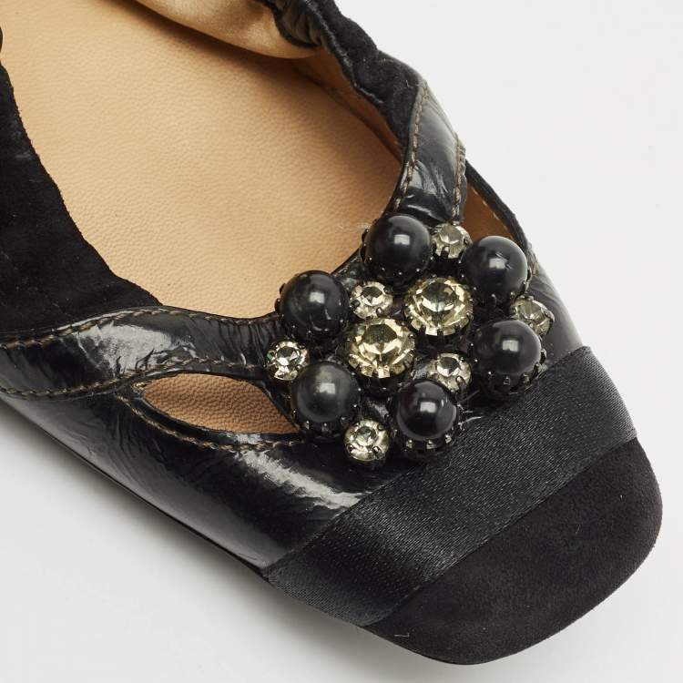 Pre Owned Tod's Black  Suede Scrunch Crystal Embellished Bow Ballet Flats Size 37.5