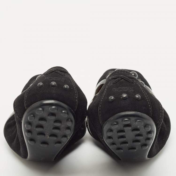 Pre Owned Tod's Black  Suede Scrunch Crystal Embellished Bow Ballet Flats Size 37.5