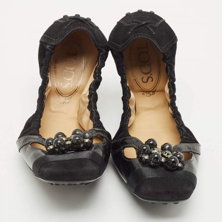 Pre Owned Tod's Black  Suede Scrunch Crystal Embellished Bow Ballet Flats Size 37.5