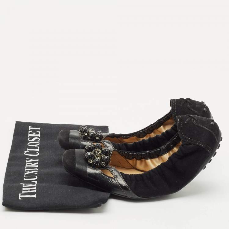 Pre Owned Tod's Black  Suede Scrunch Crystal Embellished Bow Ballet Flats Size 37.5