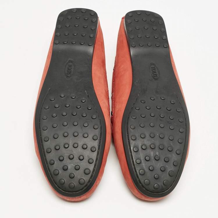 Pre Owned Tod's Red Nubuck Leather Bow Slip On Loafers Size 39.5