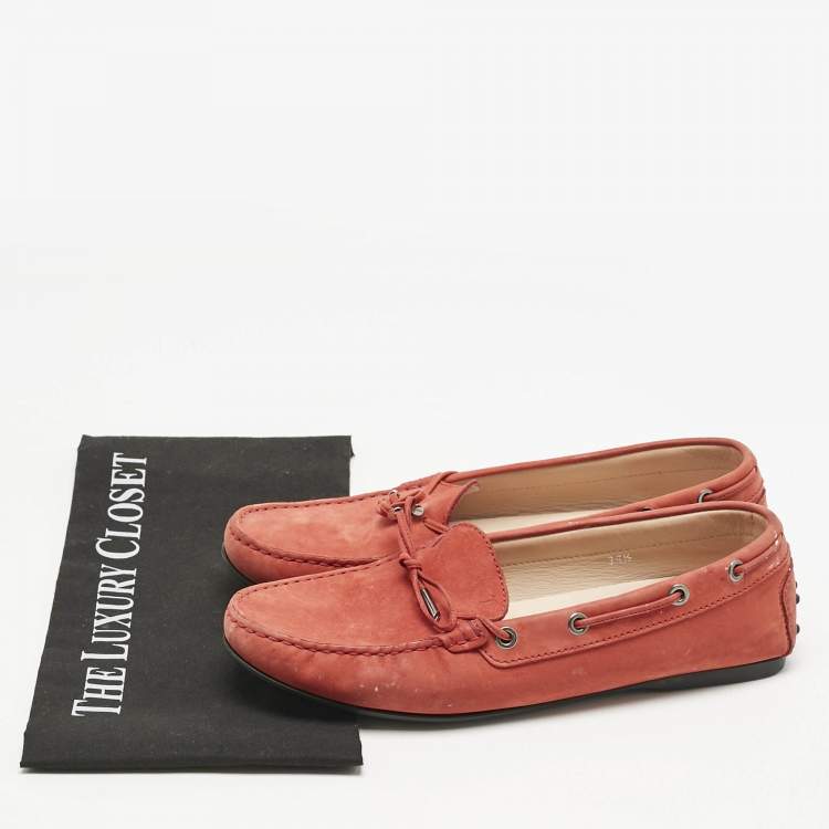 Pre Owned Tod's Red Nubuck Leather Bow Slip On Loafers Size 39.5